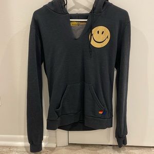 Aviator Nation size small split neck smiley hoodie in charcoal